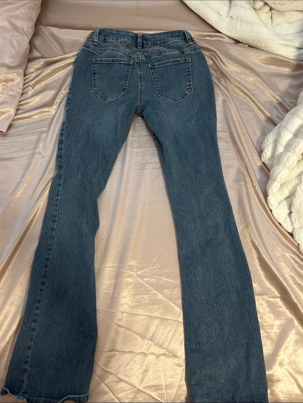RSQ Women's Flare Jeans in Dark Blue Wash With Butterfly Sewing on Back